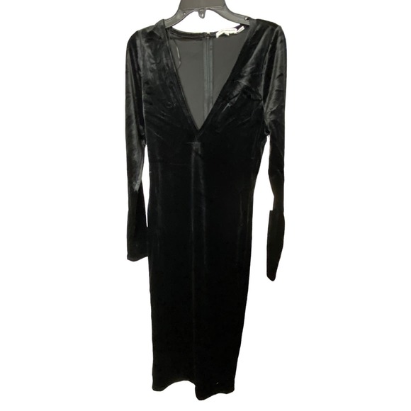 NWT Good American Crushed Velvet Midi Dress SMALL Deep V-Neck Long Sleeve Black - Picture 2 of 5